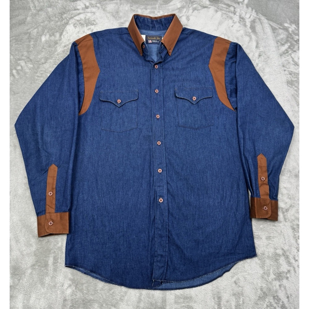 Vintage Panhandle Slim Denim Shirt Mens Medium Blue Brown Western Cowboy 90s Y2K